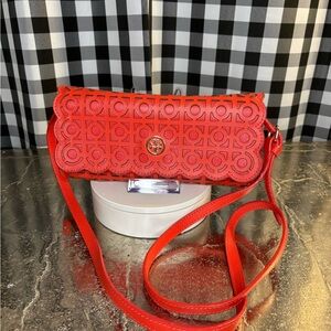 Tory Burch Kelsey Red Saffiano Leather Cutout Read Cutout
